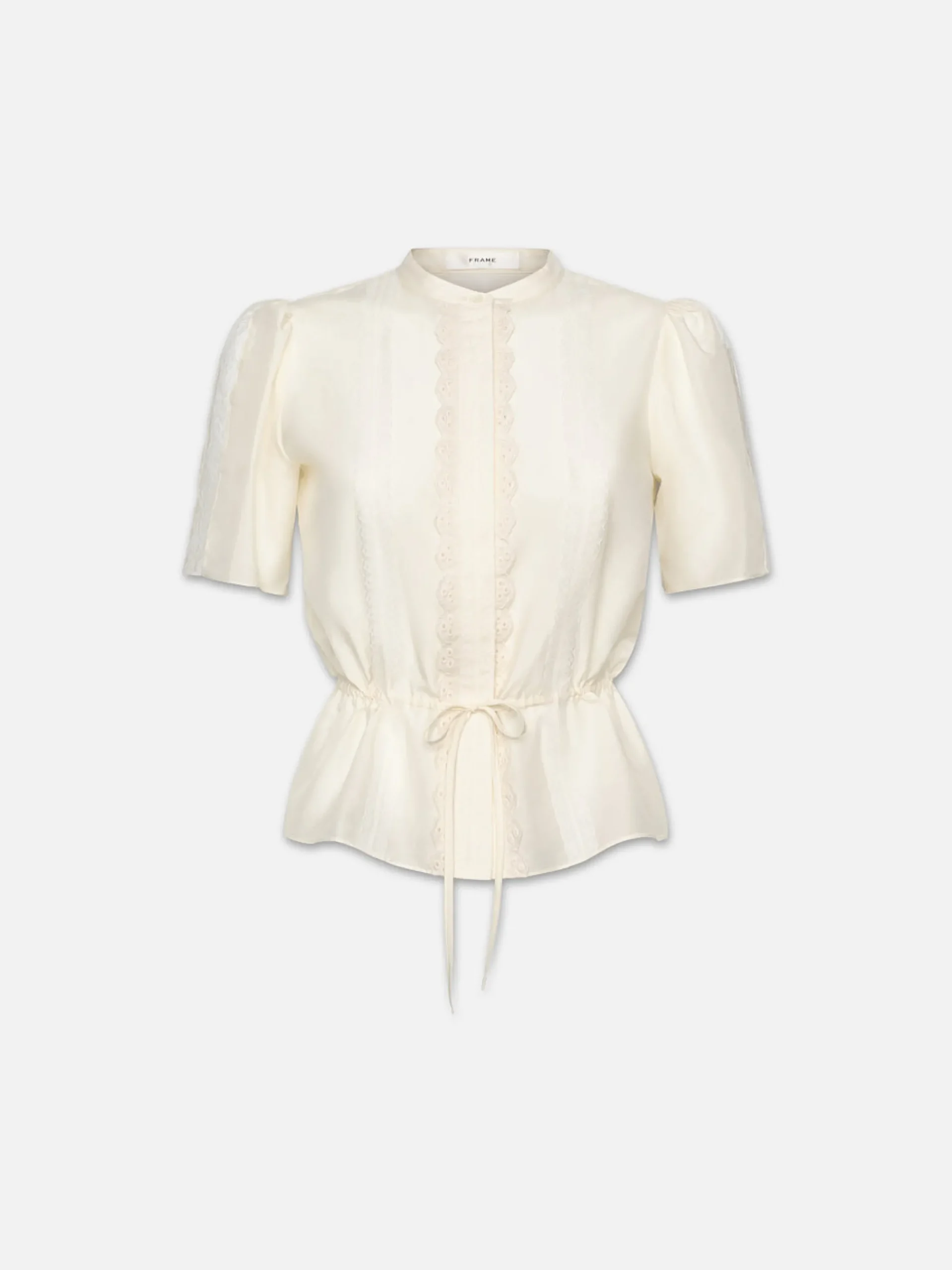 Women FRAME Cinched Lace Trim Blouse in
