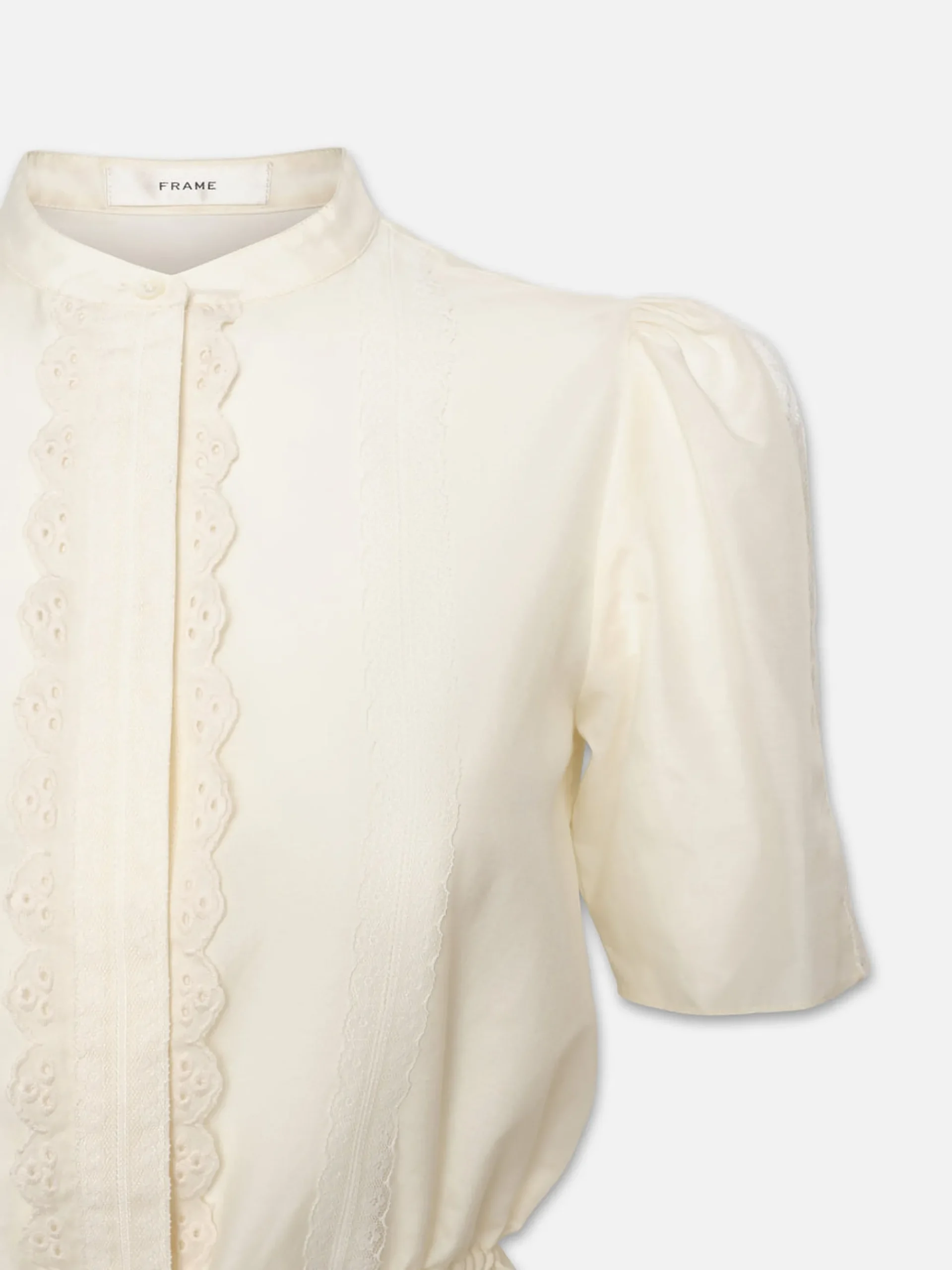 Women FRAME Cinched Lace Trim Blouse in