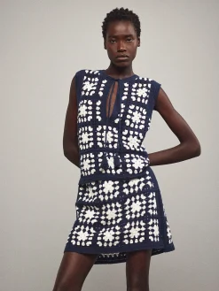 Women FRAME Crochet Tassel Popover in Navy Multi