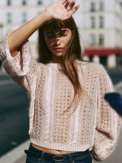 Women FRAME Femme Cable Mix Sweater in Blush Multi