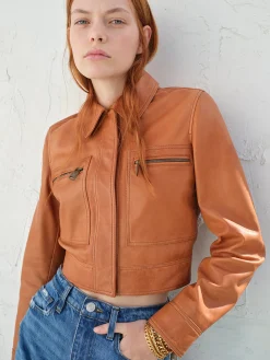 Women FRAME Fitted Leather Moto Jacket in Light Whiskey