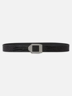 Women FRAME Geometric Buckle Belt in Black Croc