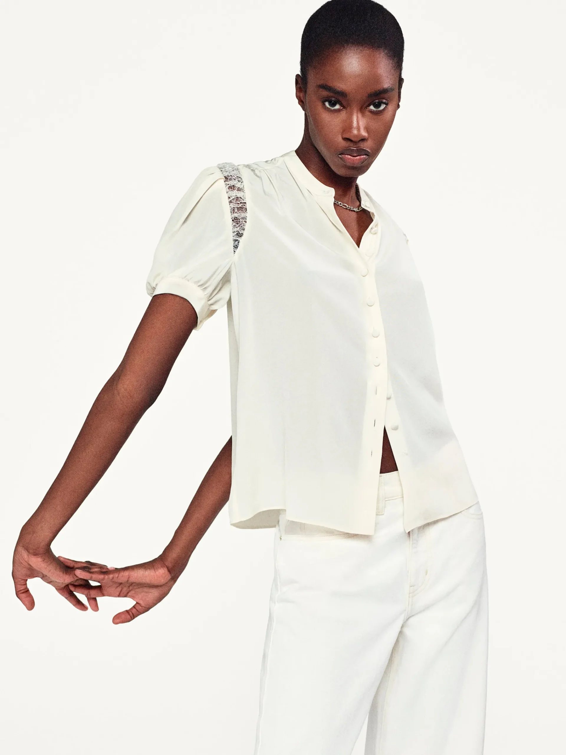 Women FRAME Lace Shoulder Inset Blouse in