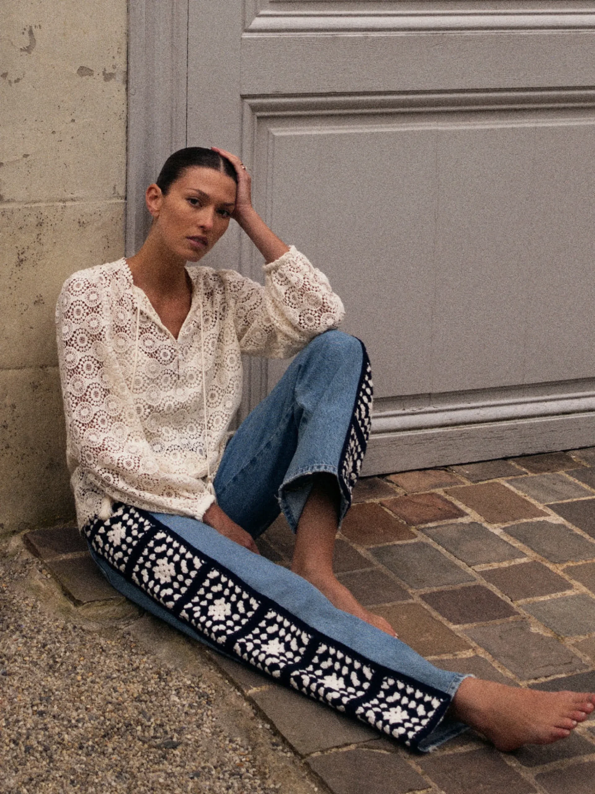 Women FRAME Le Jane Crop Crochet in Baines Clean