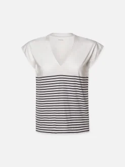 Women FRAME Le Mid Rise V Neck Tee in Navy Multi