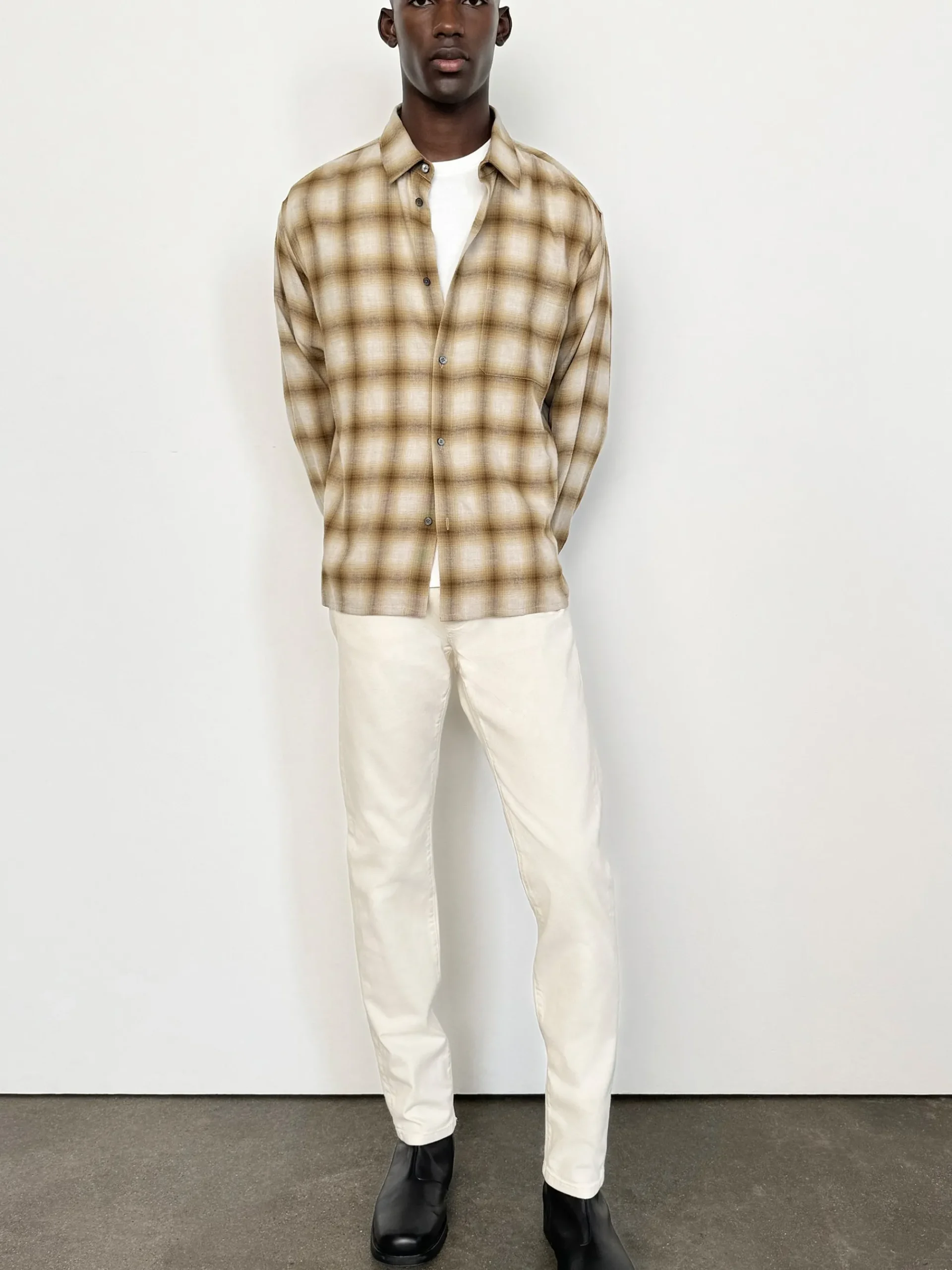 FRAME Light Weight Plaid Shirt in Tan Plaid