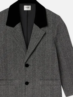 Women FRAME Long Herringbone Coat in Black Multi