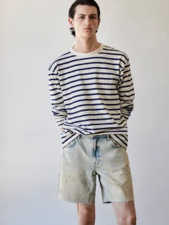 FRAME Long Sleeve Relaxed Striped Tee in Dark Navy Stripe