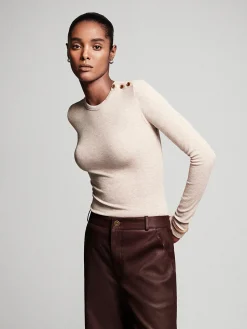 Women FRAME Long Sleeve Rib Button Crew in Oatmeal Heather