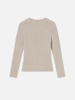 Women FRAME Long Sleeve Rib Button Crew in Oatmeal Heather