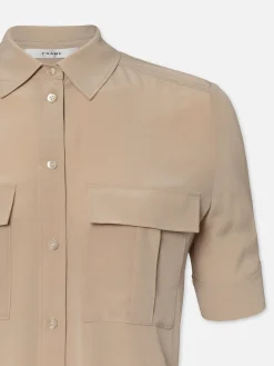 Women FRAME Patch Pocket Button Down in Khaki Tan