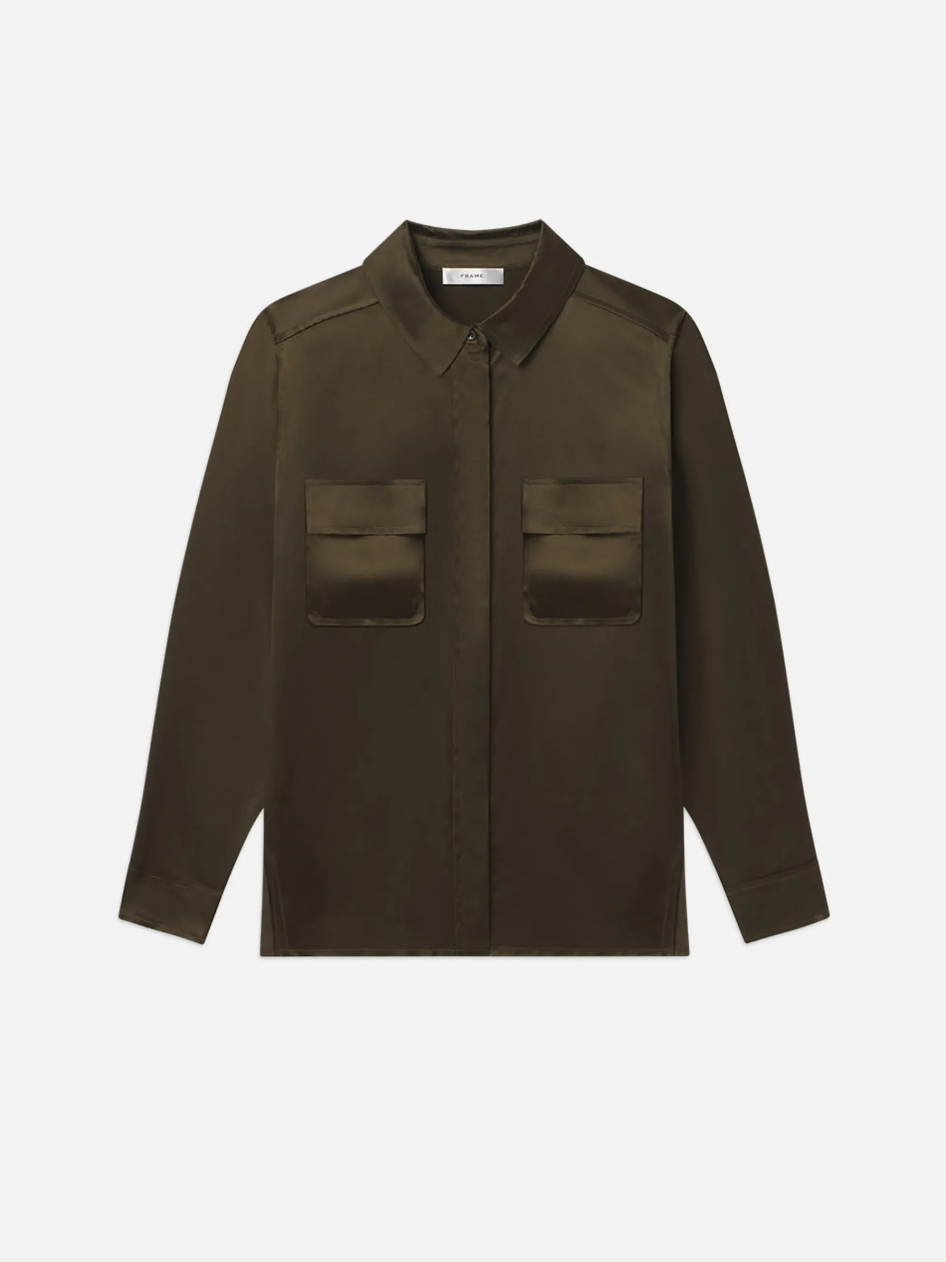 Women FRAME Raw Edge Double Pocket Shirt in Rich Military