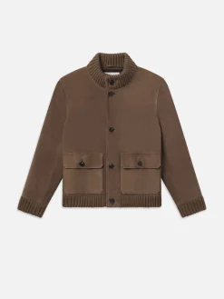 FRAME Rib Collar Suede Bomber in Soft Mocha