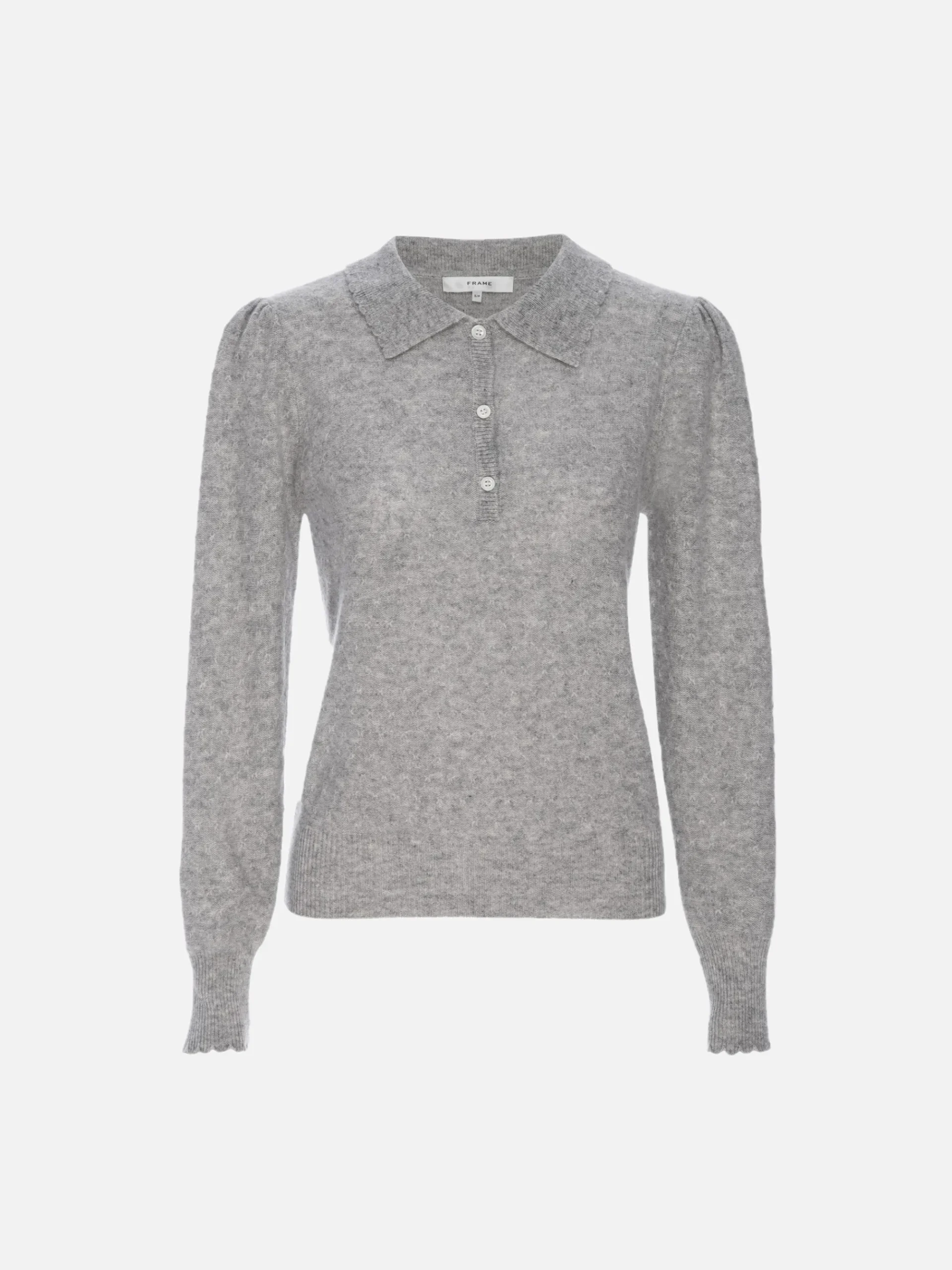 Women FRAME Scallop Polo Sweater in Light Heather Grey