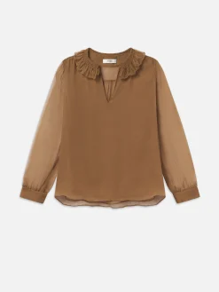 Women FRAME Shirred Ruffle Neck Blouse in