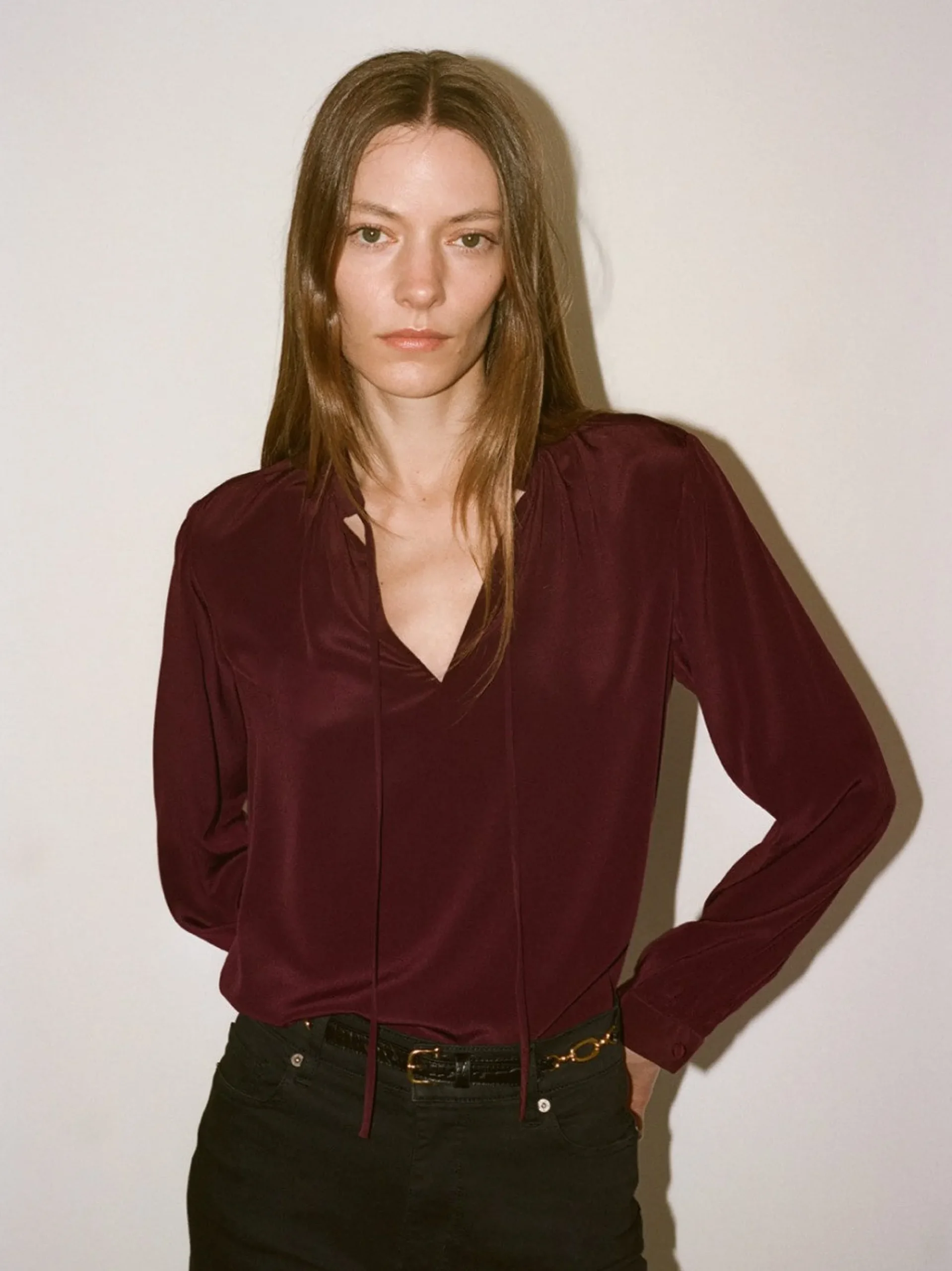 Women FRAME Shirred Tie Front Blouse in