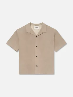 FRAME Short Sleeve Suede Shirt in Smoke Grey