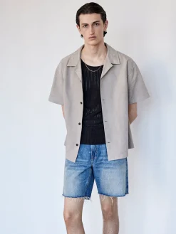 FRAME Short Sleeve Suede Shirt in Smoke Grey