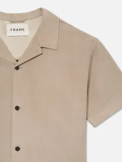 FRAME Short Sleeve Suede Shirt in Smoke Grey