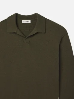 FRAME Silk Blend Polo Sweater in Dark Olive