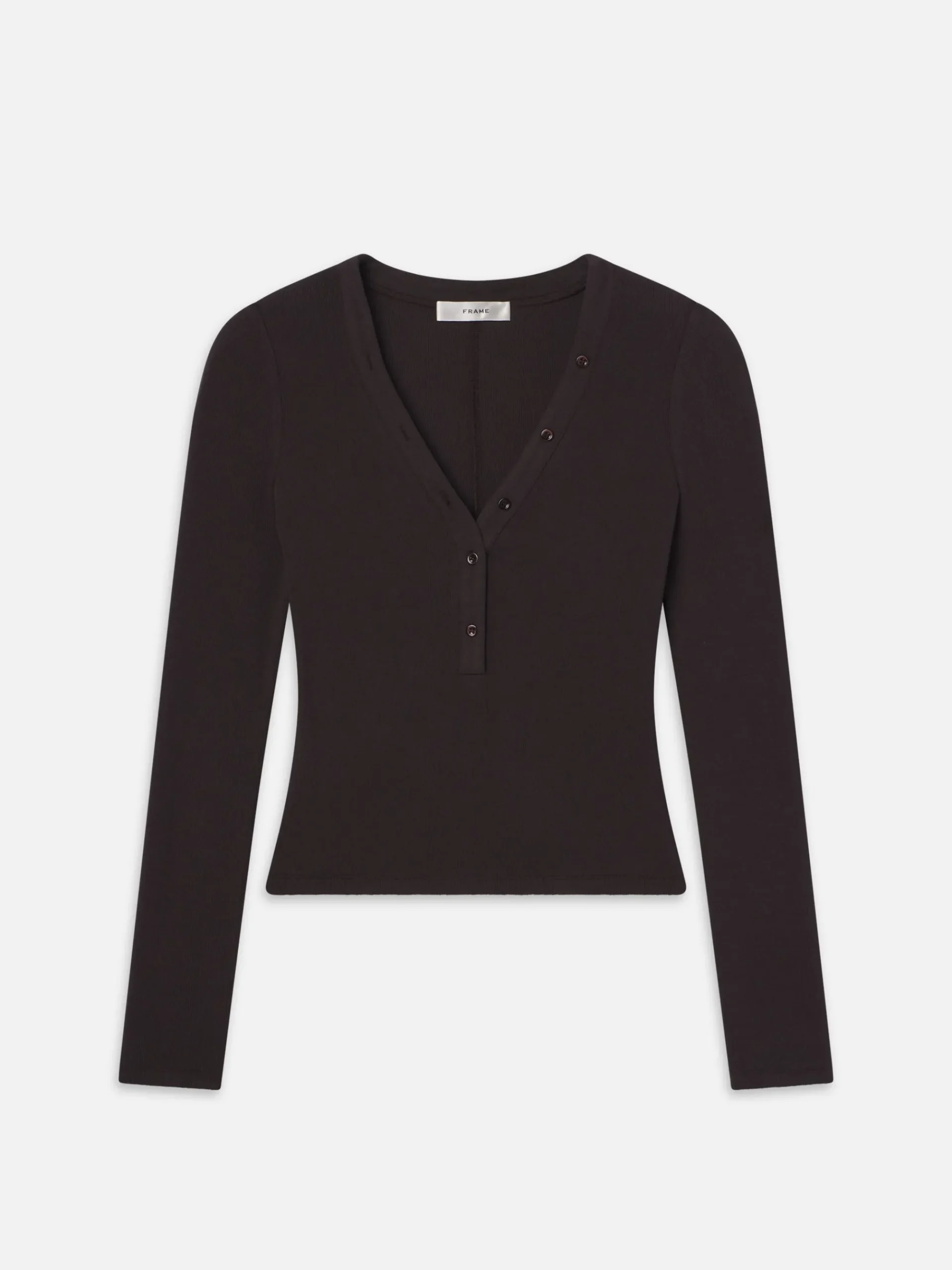 Women FRAME Slinky Long Sleeve Rib Henley in Chocolate Brown