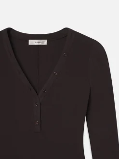 Women FRAME Slinky Long Sleeve Rib Henley in Chocolate Brown