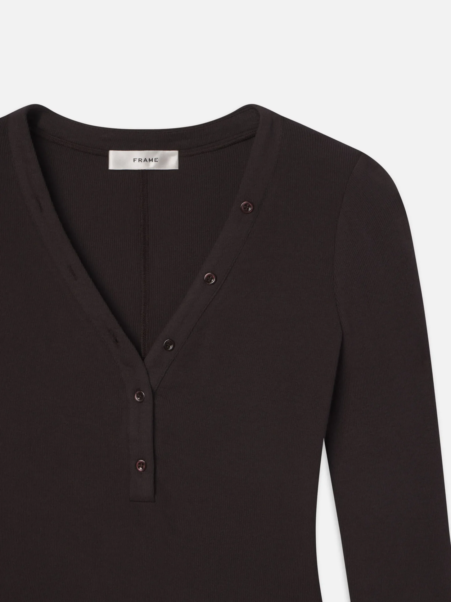 Women FRAME Slinky Long Sleeve Rib Henley in Chocolate Brown