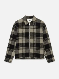 FRAME Spring Plaid Zip Shirt Jacket in Smoke Beige/Noir
