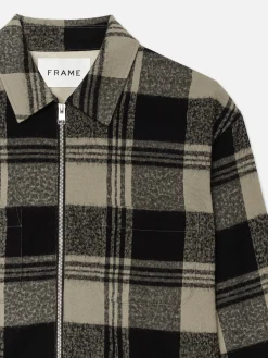 FRAME Spring Plaid Zip Shirt Jacket in Smoke Beige/Noir
