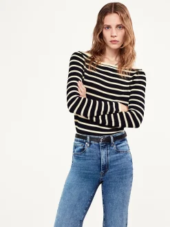 Women FRAME Striped Boatneck Sweater in Black Multi