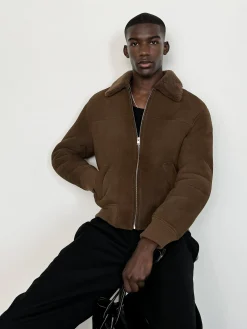 FRAME Suede Shearling Bomber in Dark Camel