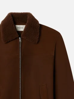 FRAME Suede Shearling Bomber in Dark Camel