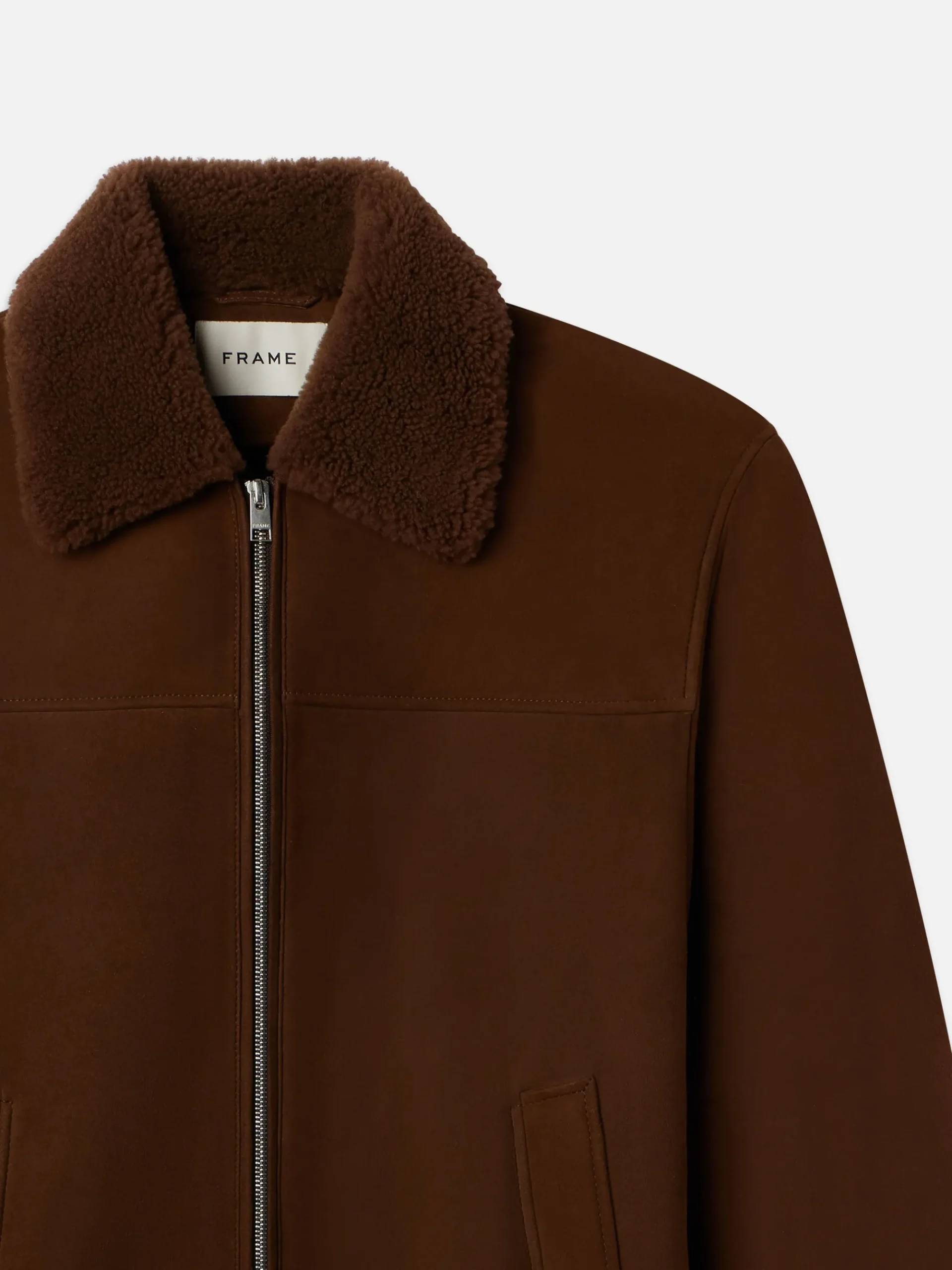 FRAME Suede Shearling Bomber in Dark Camel
