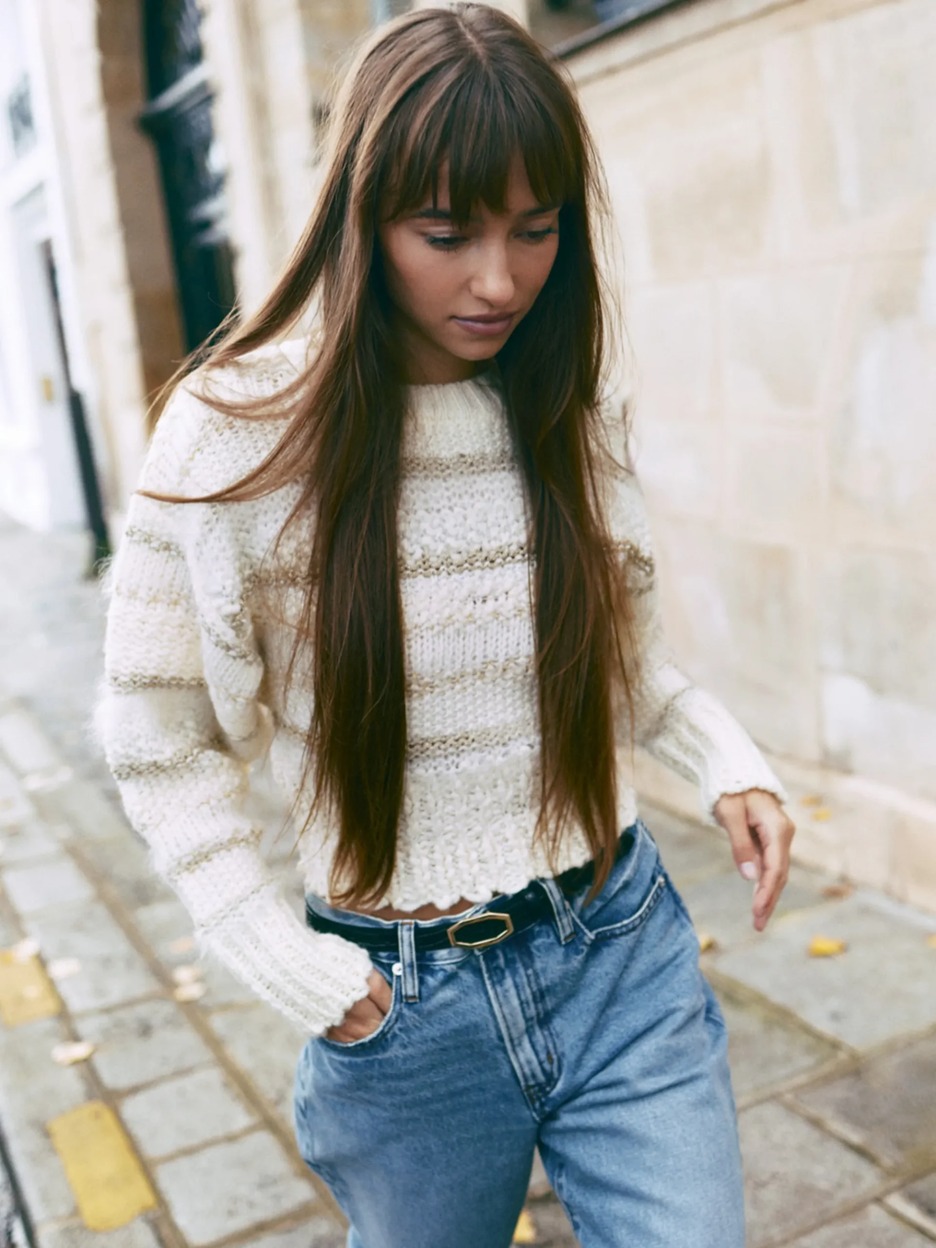 Women FRAME Textured Stripe Sweater in Cream Multi