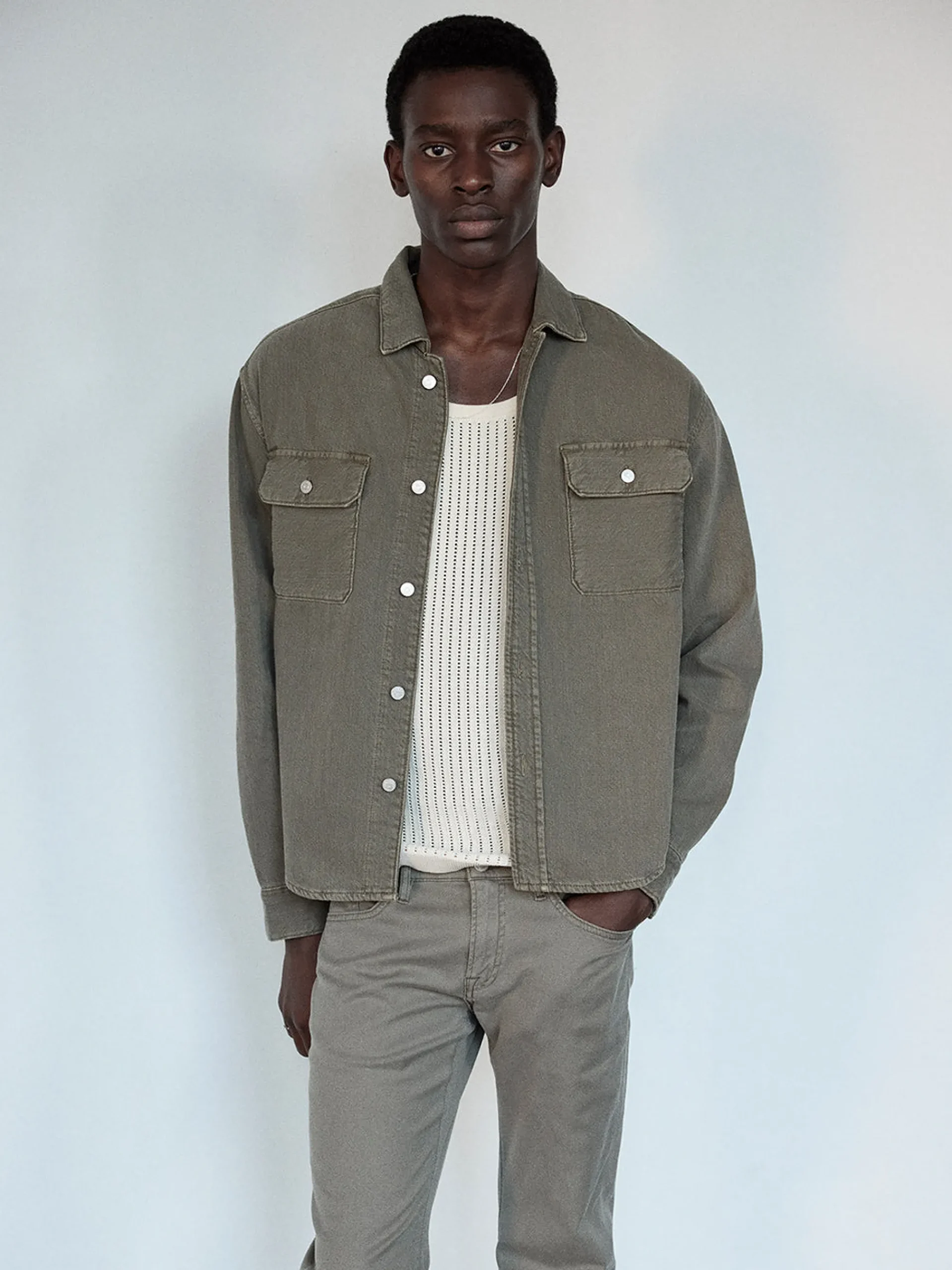 FRAME Textured Terry Overshirt in Smokey Olive