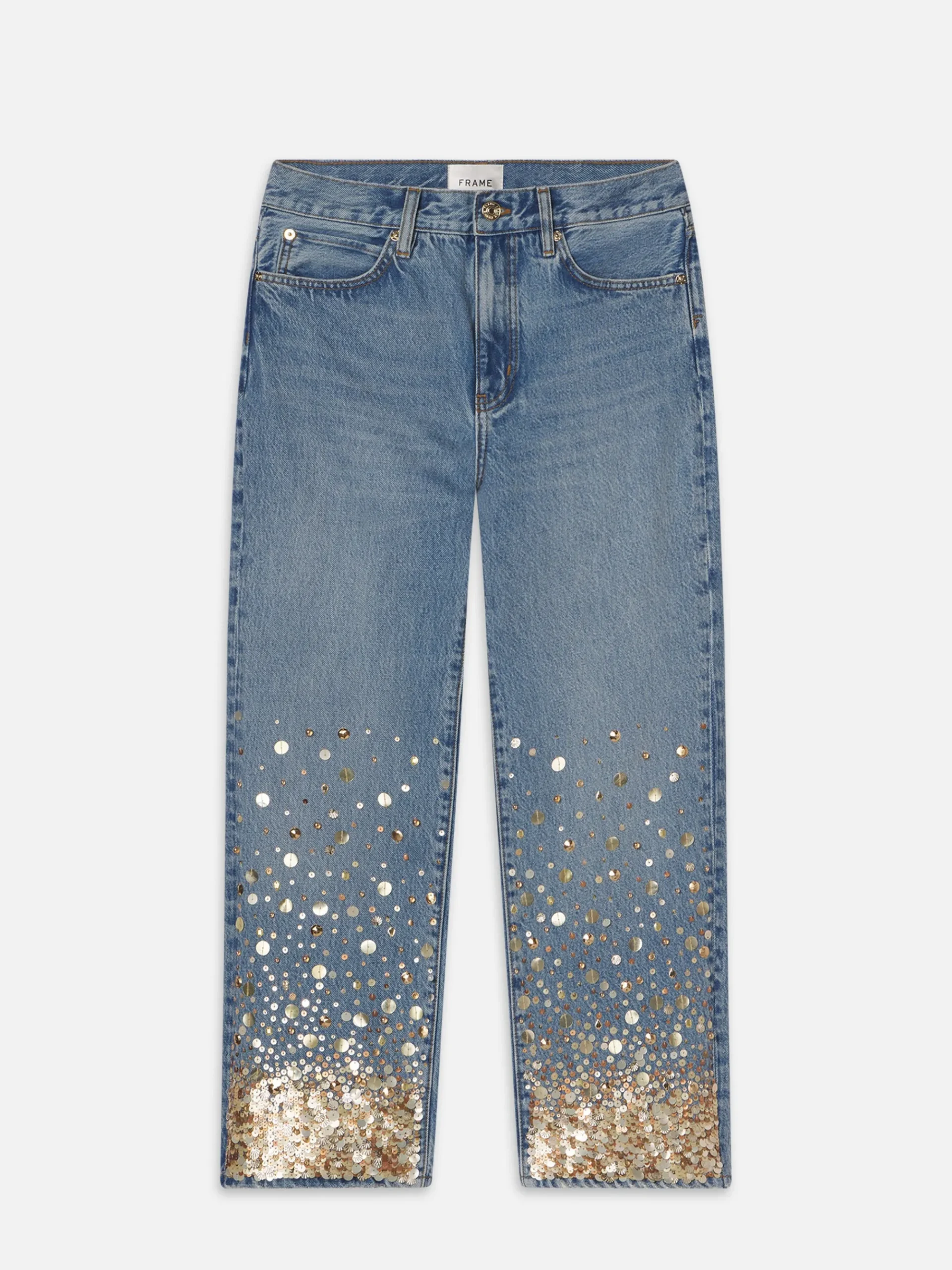 Women FRAME The Atelier Champagne Jean in Gold Embellished