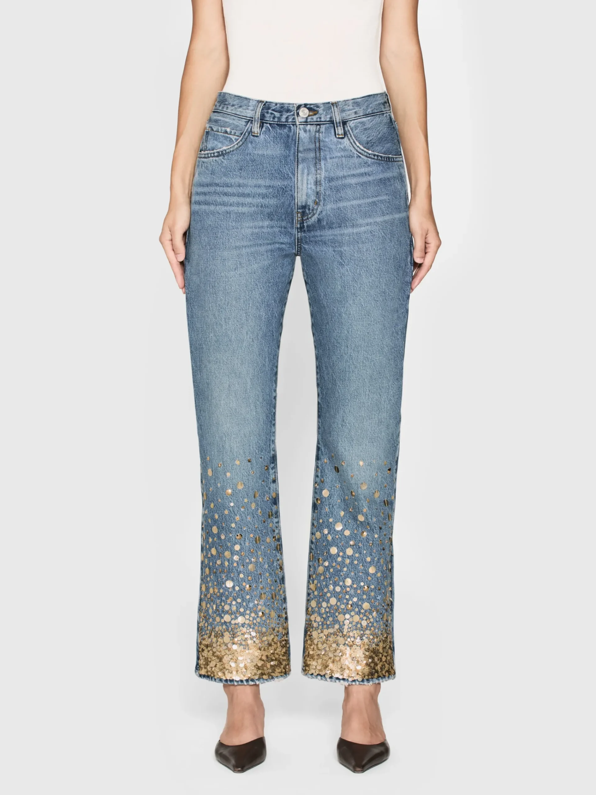 Women FRAME The Atelier Champagne Jean in Gold Embellished