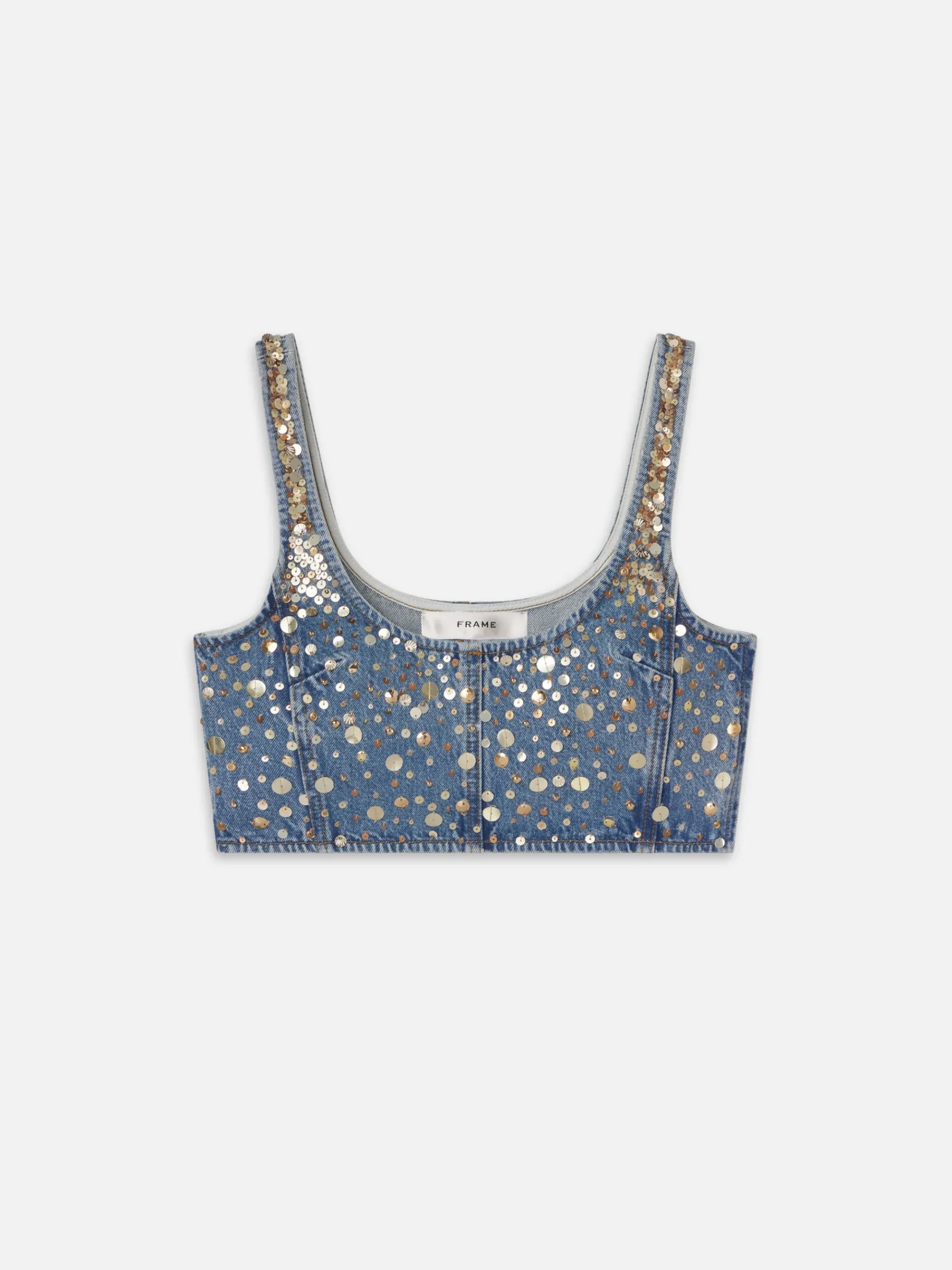 Women FRAME The Atelier Champagne Top in Gold Embellished