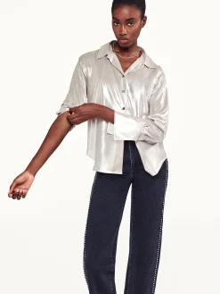 Women FRAME The Standard Shirt in Silver Lame