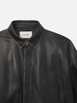 FRAME Washed Leather Shirt in Black Washed